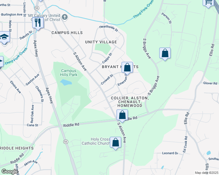map of restaurants, bars, coffee shops, grocery stores, and more near 2310 Wintergreen Place in Durham