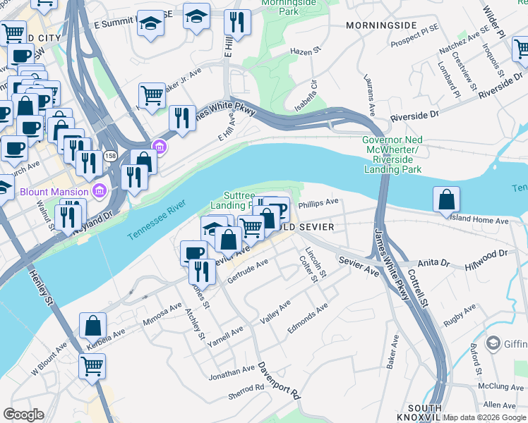 map of restaurants, bars, coffee shops, grocery stores, and more near 909 Langford Avenue in Knoxville