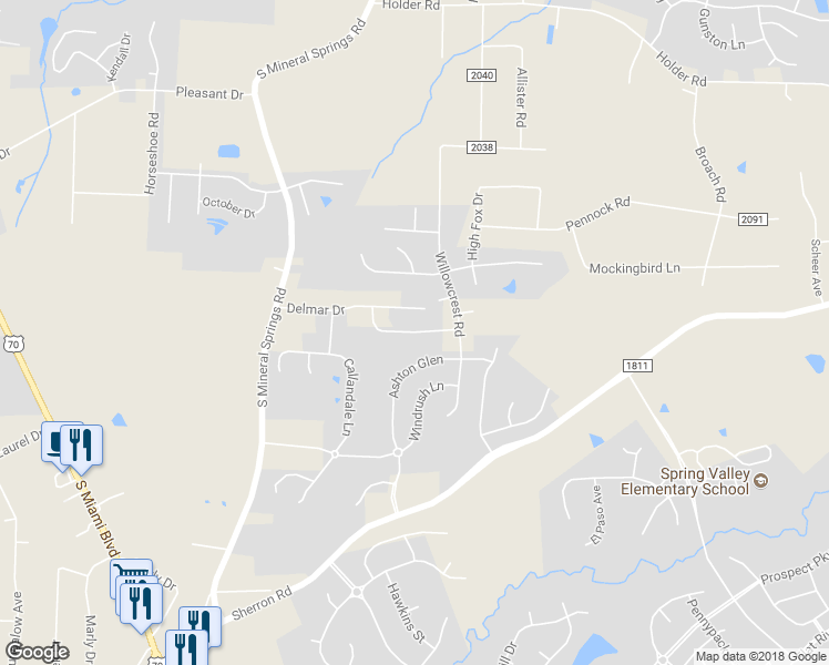 map of restaurants, bars, coffee shops, grocery stores, and more near Elmsford Street in Durham