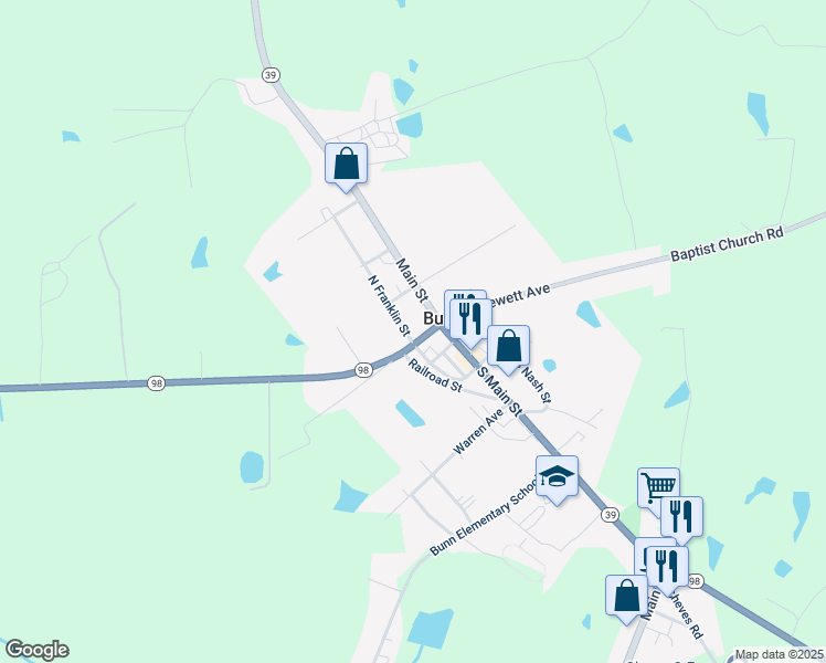map of restaurants, bars, coffee shops, grocery stores, and more near 112 North Franklin Street in Bunn