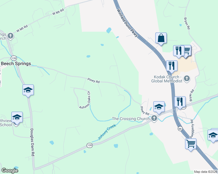 map of restaurants, bars, coffee shops, grocery stores, and more near 229 Piney Road in Kodak