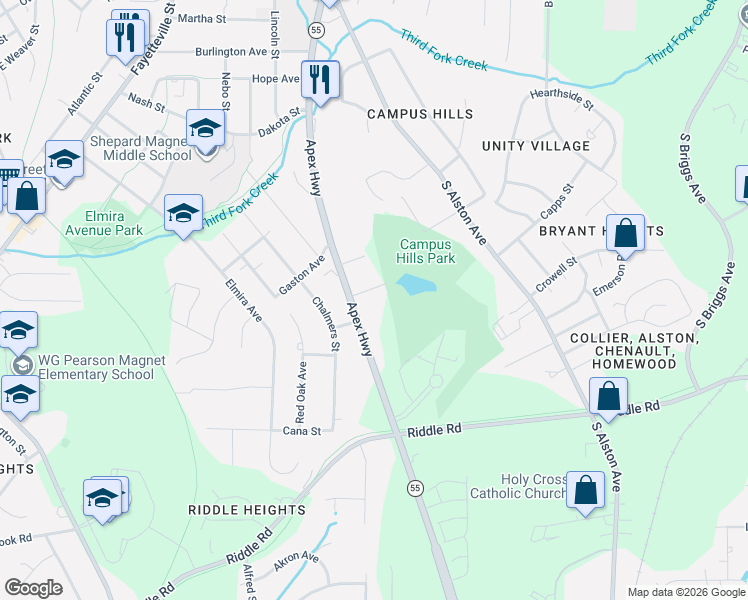 map of restaurants, bars, coffee shops, grocery stores, and more near 1113 Cherry Drive in Durham