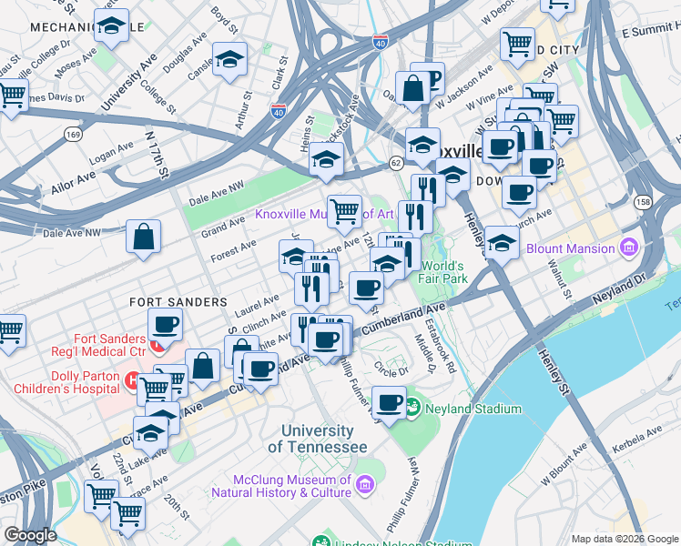 map of restaurants, bars, coffee shops, grocery stores, and more near in Knoxville