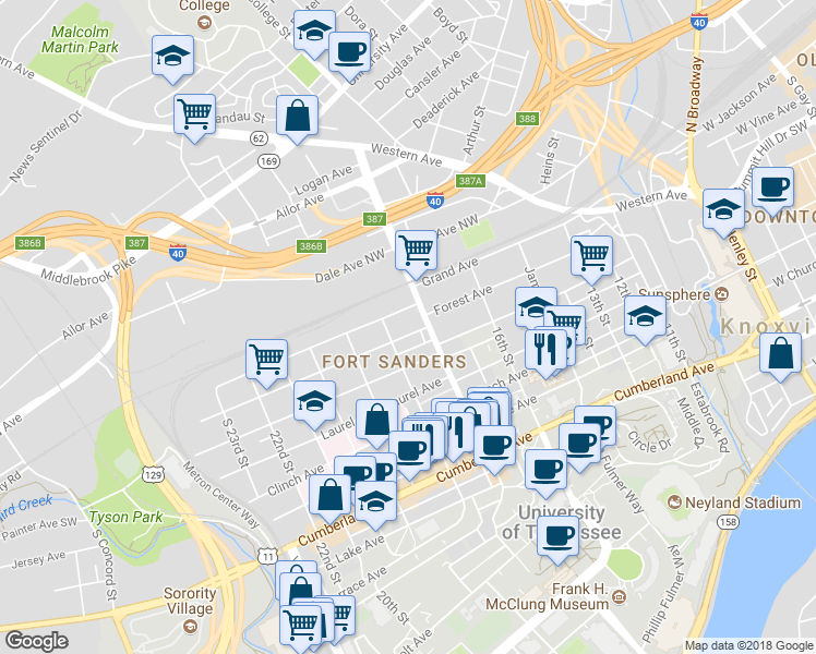 map of restaurants, bars, coffee shops, grocery stores, and more near 1714 Grand Avenue in Knoxville