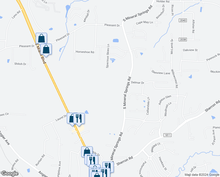 map of restaurants, bars, coffee shops, grocery stores, and more near 1412 South Mineral Springs Road in Durham