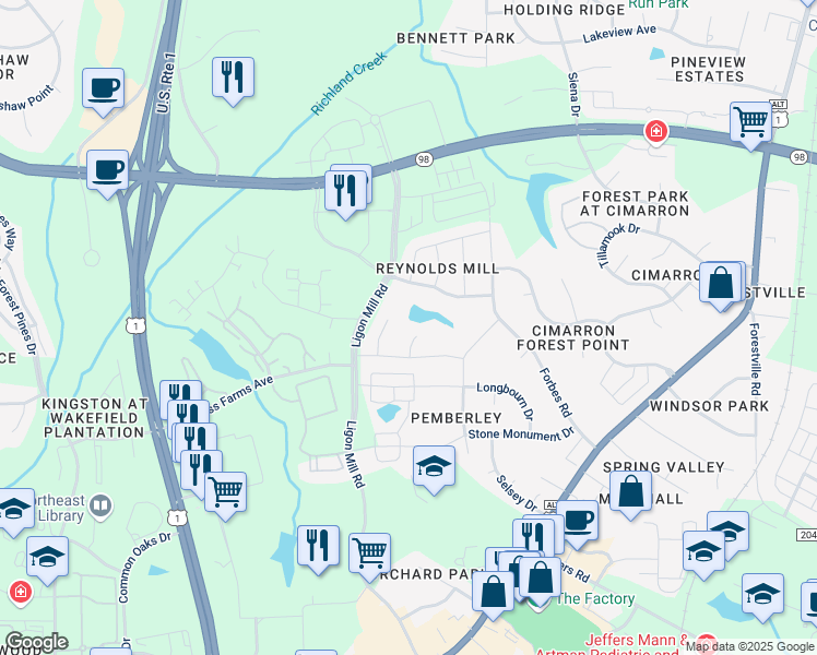 map of restaurants, bars, coffee shops, grocery stores, and more near 700 Pitchback Mill Court in Wake Forest