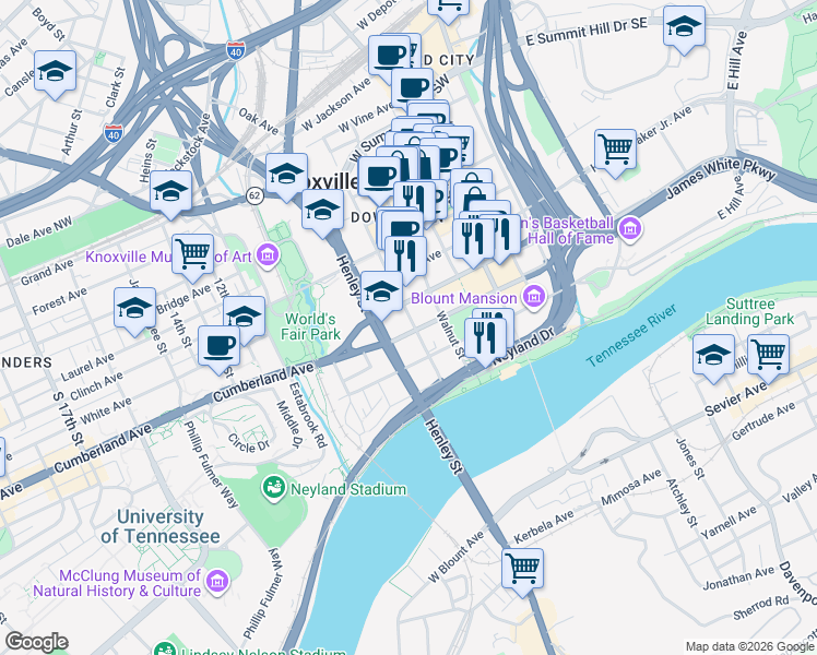map of restaurants, bars, coffee shops, grocery stores, and more near in Knoxville