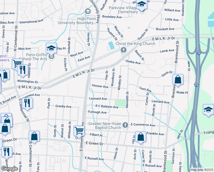 map of restaurants, bars, coffee shops, grocery stores, and more near 1301 Hoover Avenue in High Point
