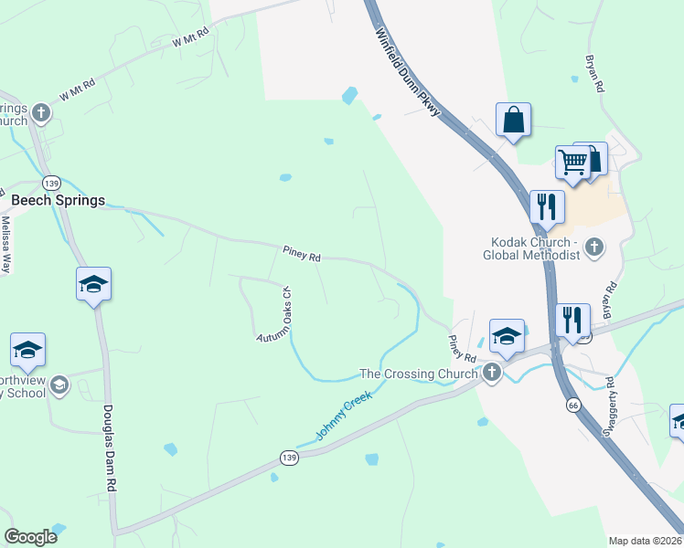 map of restaurants, bars, coffee shops, grocery stores, and more near 229 Piney Road in Kodak