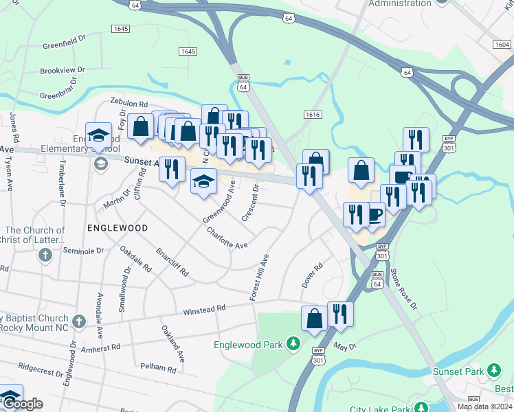 map of restaurants, bars, coffee shops, grocery stores, and more near 201 Crescent Drive in Rocky Mount