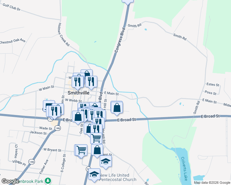 map of restaurants, bars, coffee shops, grocery stores, and more near 310 East Main Street in Smithville