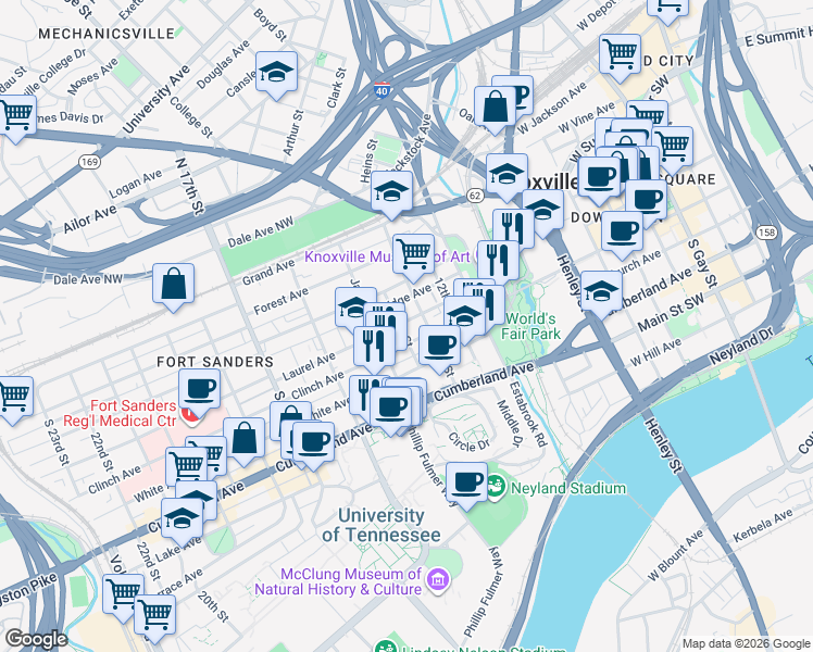 map of restaurants, bars, coffee shops, grocery stores, and more near 1318 Laurel Avenue in Knoxville