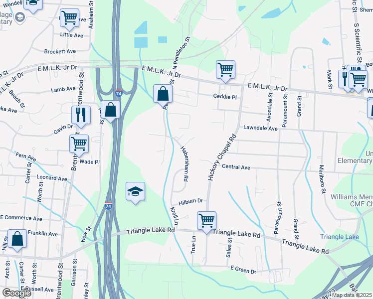 map of restaurants, bars, coffee shops, grocery stores, and more near 2508 Tuxedo Way in High Point