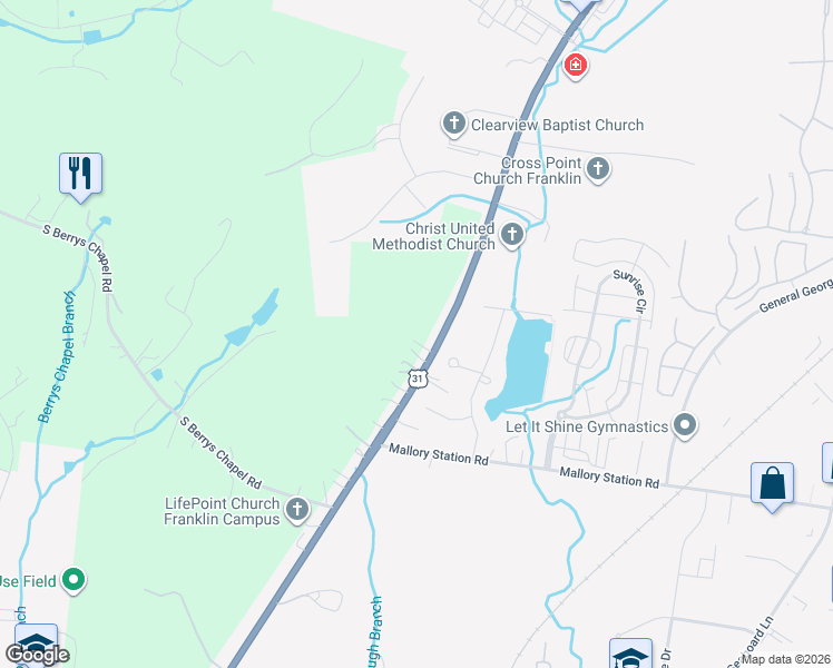 map of restaurants, bars, coffee shops, grocery stores, and more near 483 Franklin Road in Franklin