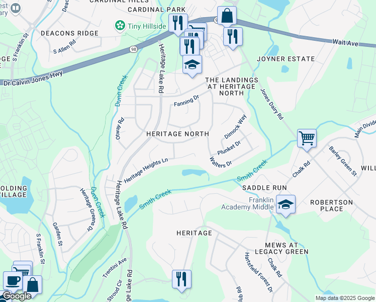 map of restaurants, bars, coffee shops, grocery stores, and more near 1341 Heritage Heights Lane in Wake Forest
