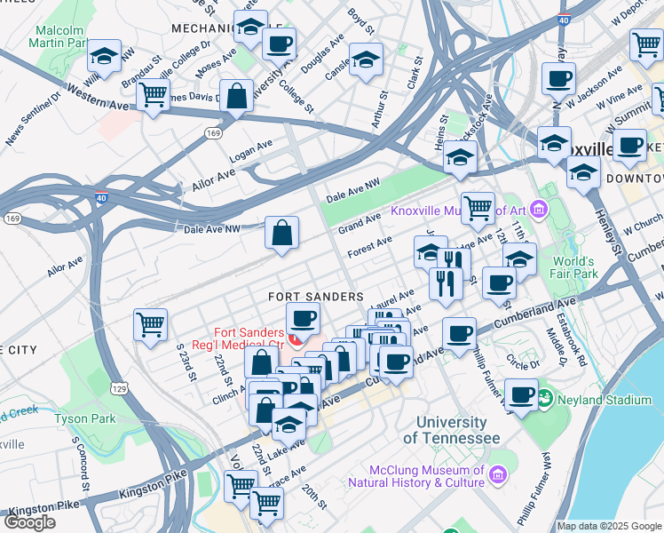map of restaurants, bars, coffee shops, grocery stores, and more near 1701 Forest Avenue in Knoxville