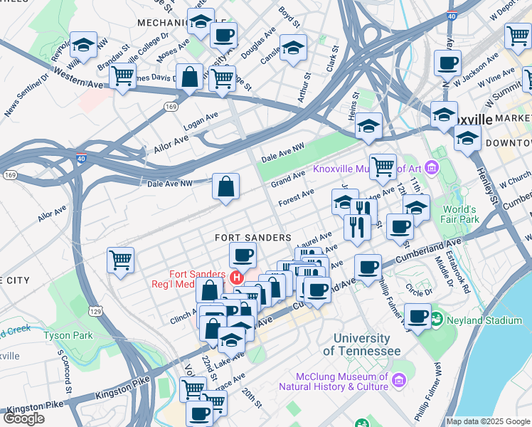 map of restaurants, bars, coffee shops, grocery stores, and more near 1701 Forest Avenue in Knoxville