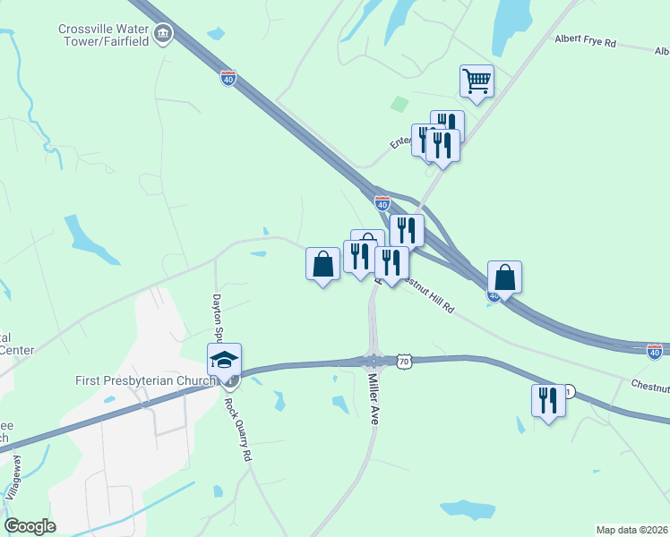 map of restaurants, bars, coffee shops, grocery stores, and more near 2528 East 1st Street in Crossville