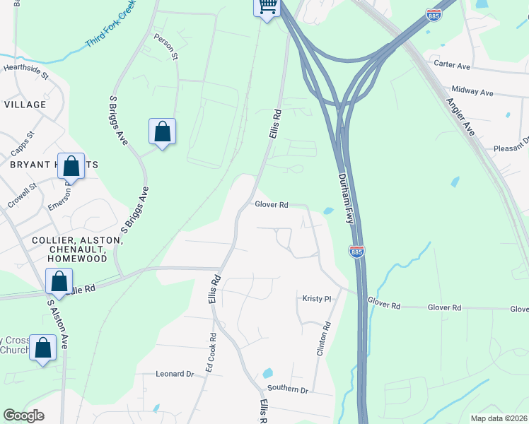 map of restaurants, bars, coffee shops, grocery stores, and more near 2108 Glover Road in Durham