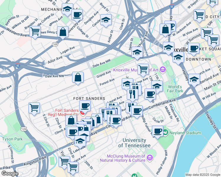 map of restaurants, bars, coffee shops, grocery stores, and more near 1628 Queen Anne Way in Knoxville