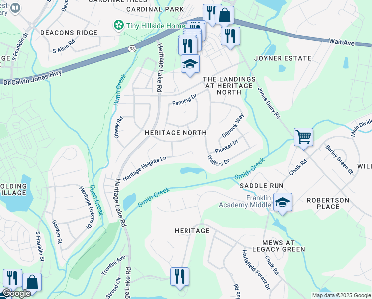 map of restaurants, bars, coffee shops, grocery stores, and more near 1341 Heritage Heights Lane in Wake Forest