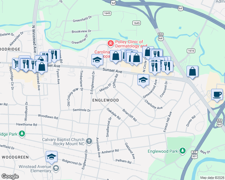 map of restaurants, bars, coffee shops, grocery stores, and more near 412 Clifton Road in Rocky Mount