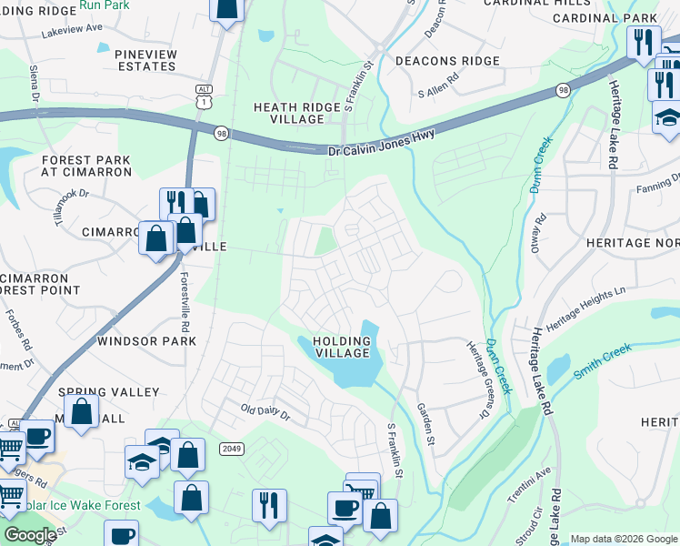 map of restaurants, bars, coffee shops, grocery stores, and more near 344 Friendship Chapel Road in Wake Forest