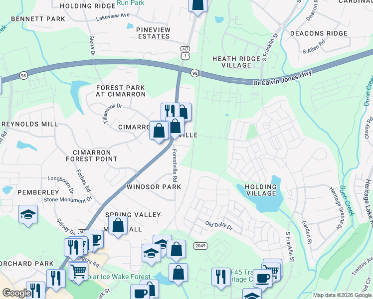 map of restaurants, bars, coffee shops, grocery stores, and more near 118 Liberty Street in Wake Forest