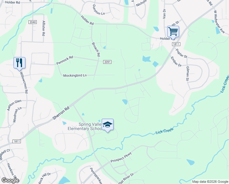 map of restaurants, bars, coffee shops, grocery stores, and more near 1107 Sherron Road in Durham