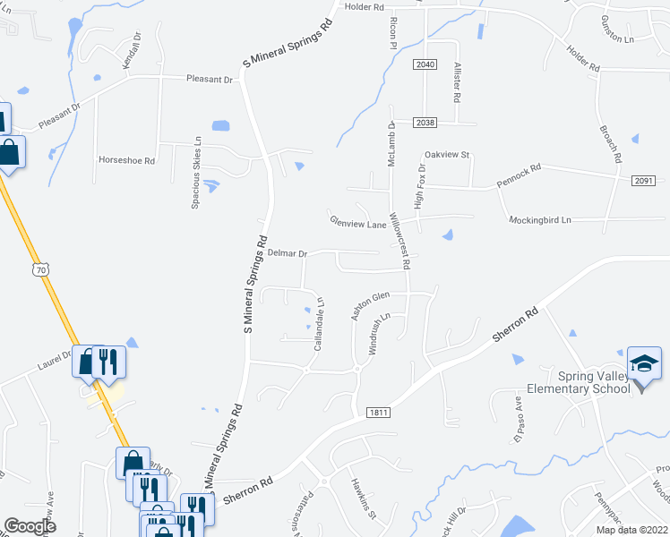 map of restaurants, bars, coffee shops, grocery stores, and more near 3704 Delmar Drive in Durham