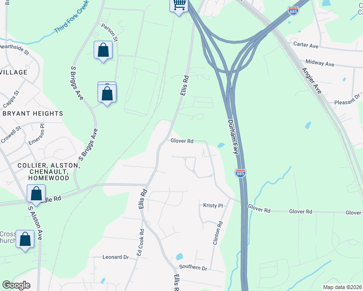 map of restaurants, bars, coffee shops, grocery stores, and more near 2108 Glover Road in Durham