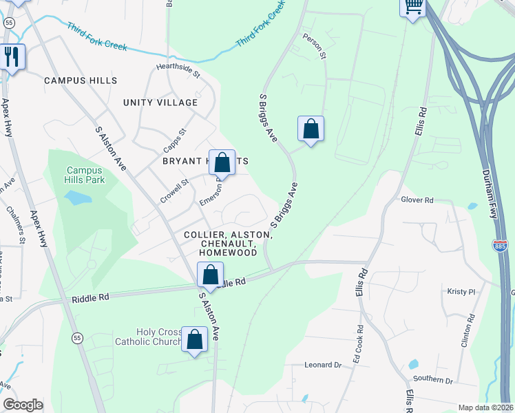 map of restaurants, bars, coffee shops, grocery stores, and more near 2020 Collier Road in Durham