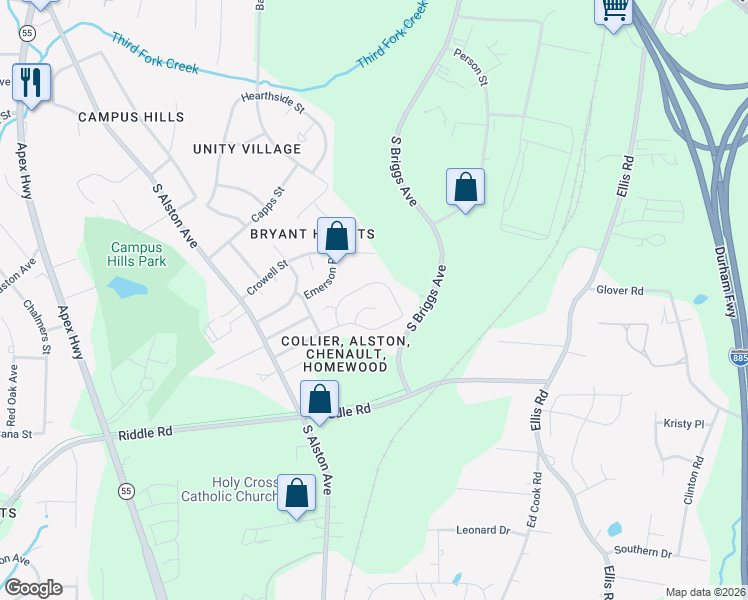 map of restaurants, bars, coffee shops, grocery stores, and more near 2119 Collier Road in Durham