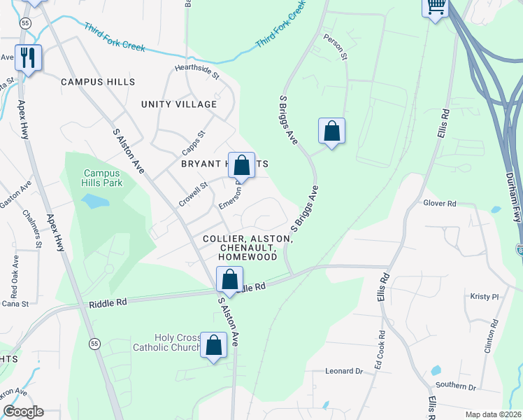map of restaurants, bars, coffee shops, grocery stores, and more near 2119 Collier Road in Durham