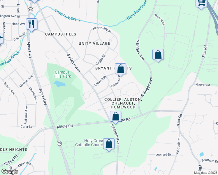 map of restaurants, bars, coffee shops, grocery stores, and more near 2213 Wintergreen Place in Durham