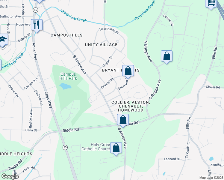map of restaurants, bars, coffee shops, grocery stores, and more near 2213 Wintergreen Place in Durham