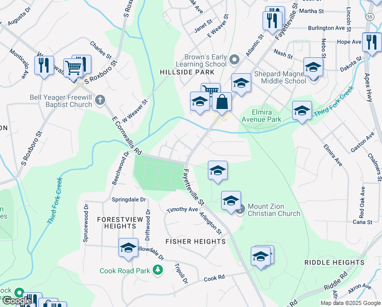 map of restaurants, bars, coffee shops, grocery stores, and more near 518 Mutual Drive in Durham