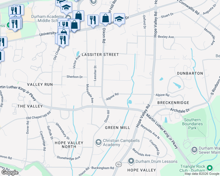 map of restaurants, bars, coffee shops, grocery stores, and more near 2719 Winton Road in Durham