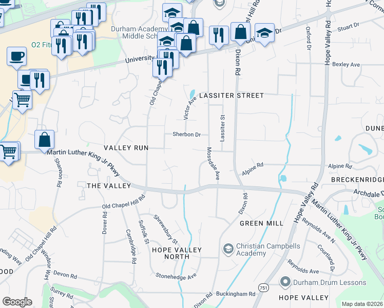 map of restaurants, bars, coffee shops, grocery stores, and more near 3008 Eubanks Road in Durham