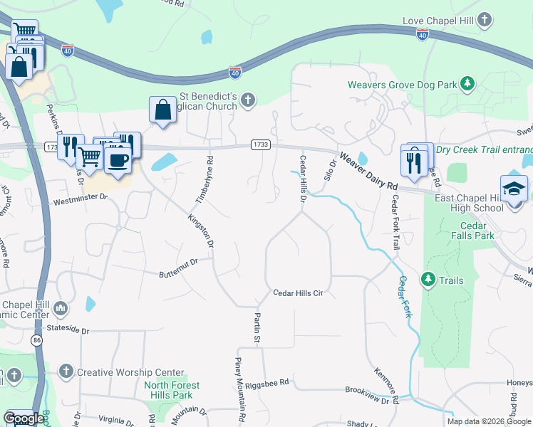 map of restaurants, bars, coffee shops, grocery stores, and more near 119 Cross Creek Drive in Chapel Hill