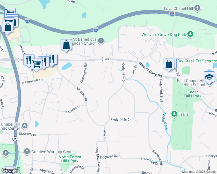 map of restaurants, bars, coffee shops, grocery stores, and more near 119 Cross Creek Drive in Chapel Hill