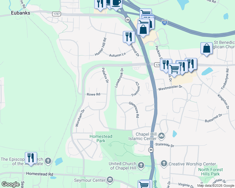 map of restaurants, bars, coffee shops, grocery stores, and more near 103 Macrae Court in Chapel Hill