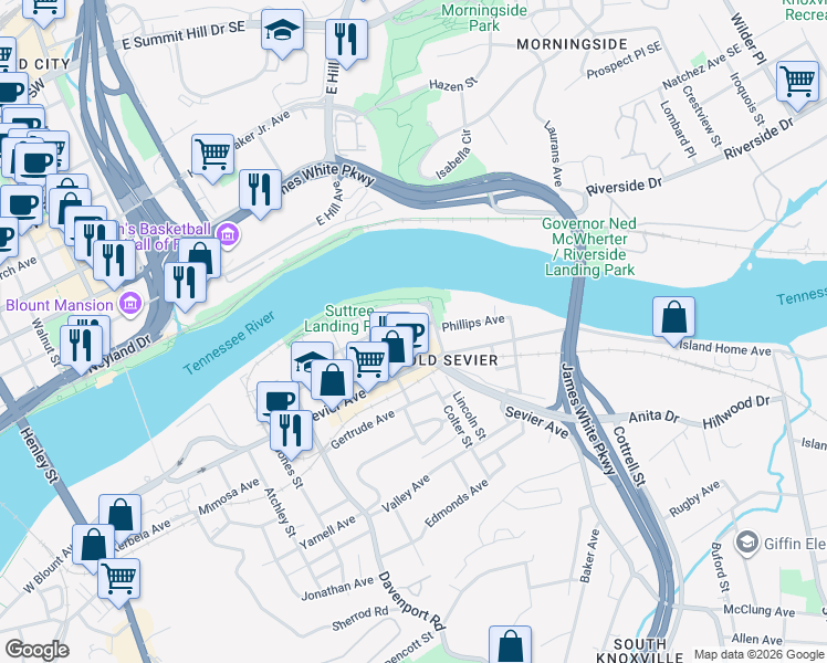 map of restaurants, bars, coffee shops, grocery stores, and more near 1003 Phillips Avenue in Knoxville