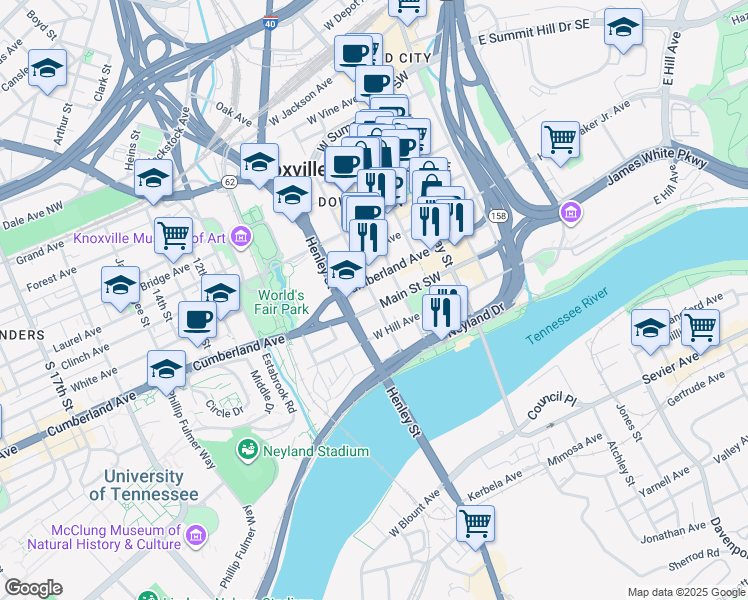 map of restaurants, bars, coffee shops, grocery stores, and more near in Knoxville