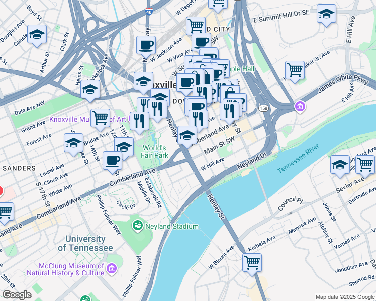 map of restaurants, bars, coffee shops, grocery stores, and more near in Knoxville