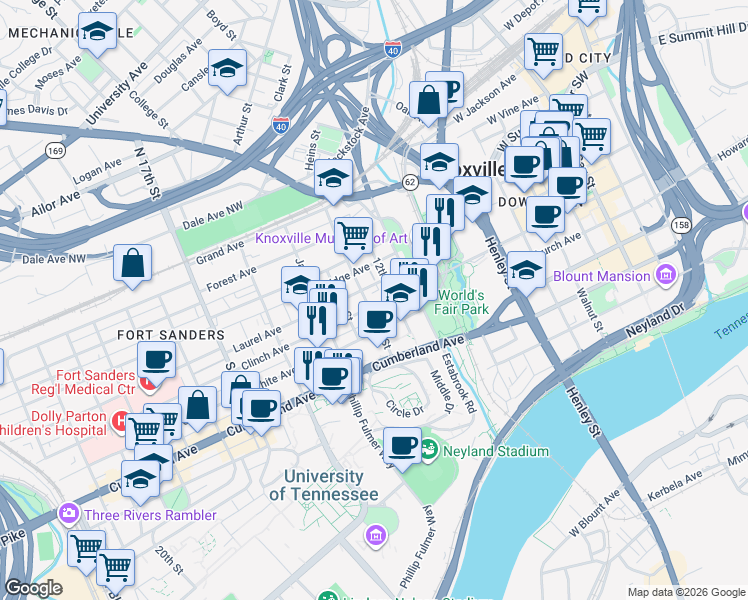 map of restaurants, bars, coffee shops, grocery stores, and more near in Knoxville