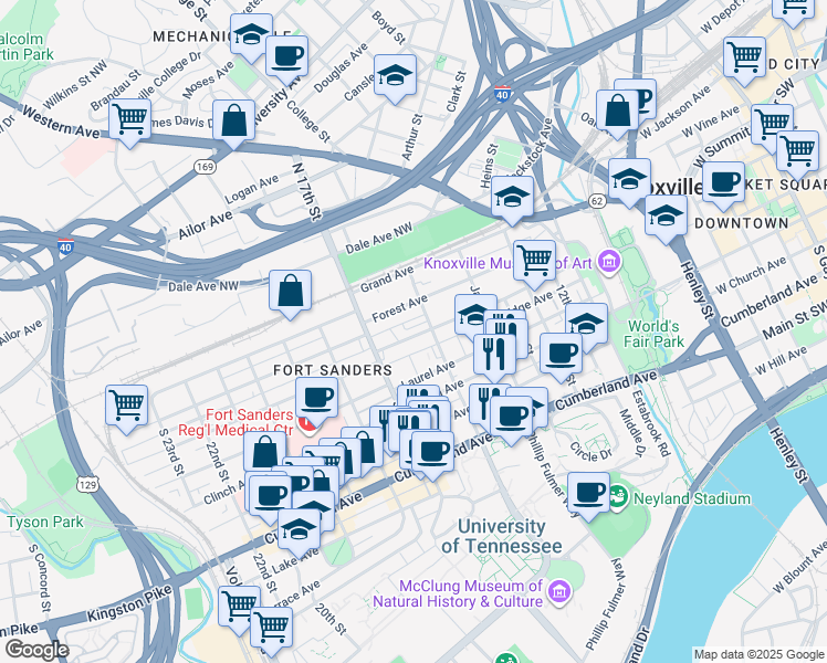 map of restaurants, bars, coffee shops, grocery stores, and more near 1628 Queen Anne Way in Knoxville