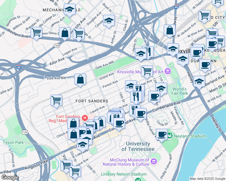 map of restaurants, bars, coffee shops, grocery stores, and more near 1628 Queen Anne Way in Knoxville
