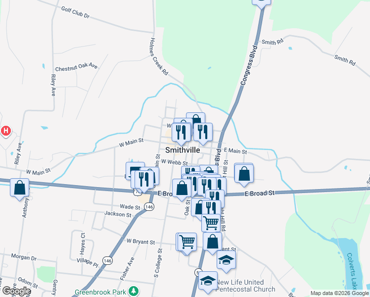 map of restaurants, bars, coffee shops, grocery stores, and more near in Smithville