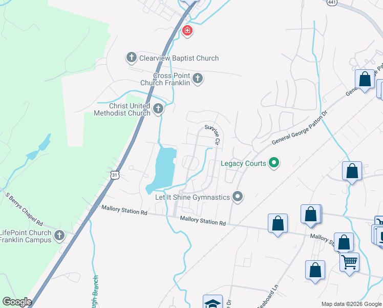 map of restaurants, bars, coffee shops, grocery stores, and more near 7001 Sunrise Circle in Franklin